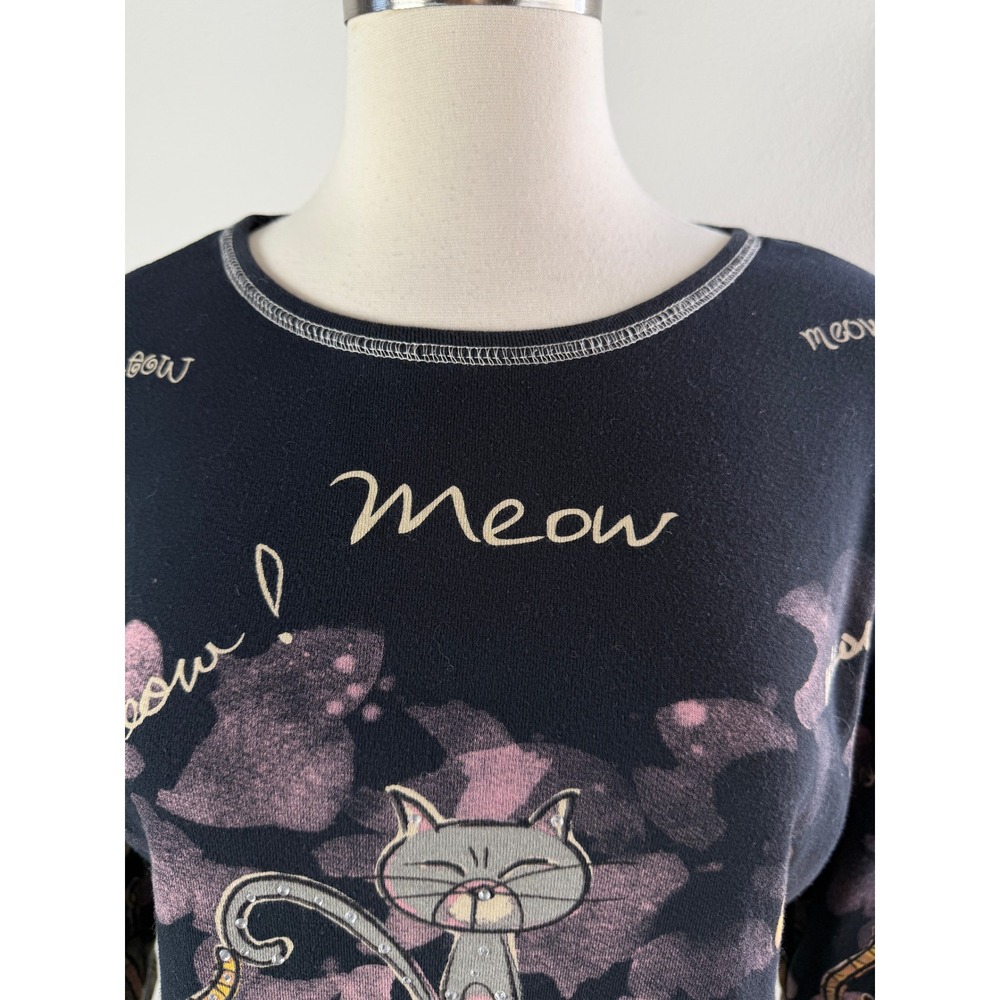 Jess & Jane Womens Large Meow Meow Cat Black Cotton Top USA 3/4 Sleeve Shirt - Picture 2 of 9